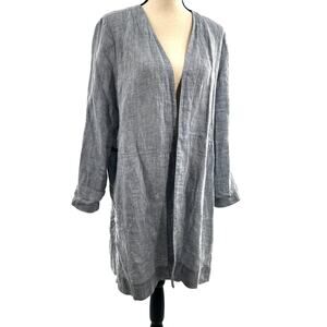 Eileen Fisher Organic Linen Chambray Jacket M Blue Open Front Lagenlook Coastal